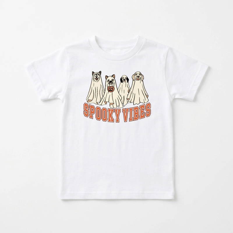 Spooky Vibes Halloween kids shirt with dog ghost graphic