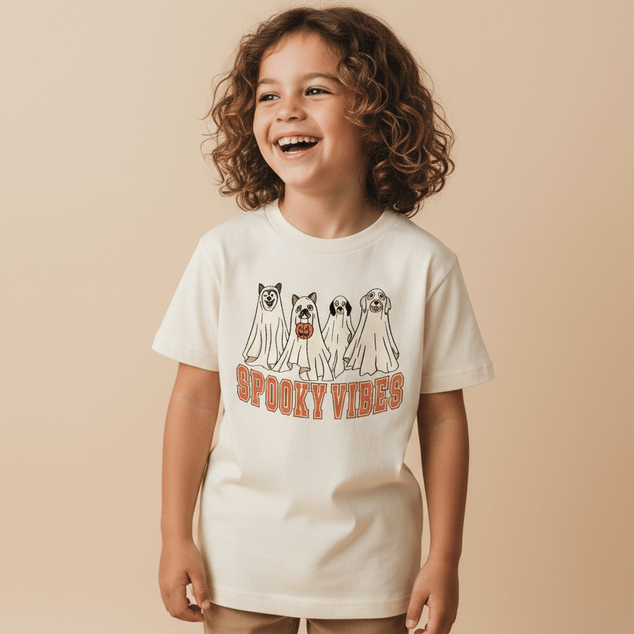 A happy child with curly hair wears the Toodleroos Spooky Vibes Dog Ghosts Kids Shirt – Halloween Tee, a white shirt showcasing four dogs dressed in ghost costumes with bold orange “Spooky Vibes” text—an ideal Halloween kids shirt—posed against a beige background.