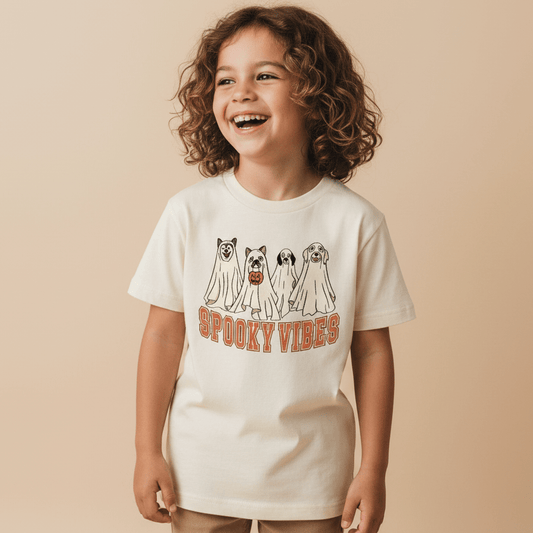 A happy child with curly hair wears the Toodleroos Spooky Vibes Dog Ghosts Kids Shirt – Halloween Tee, a white shirt showcasing four dogs dressed in ghost costumes with bold orange “Spooky Vibes” text—an ideal Halloween kids shirt—posed against a beige background.