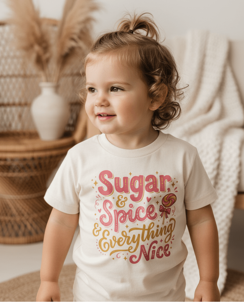 A smiling toddler with wavy brown hair wears the Toodleroos Sugar and Spice Toddler Girls Shirt – Lollipop Tee, which features the phrase “Sugar & Spice & Everything Nice.” She stands in a cozy, softly lit room decorated with wicker accents and pampas grass—one of the cutest shirts for girls who love a sprinkle of charm.