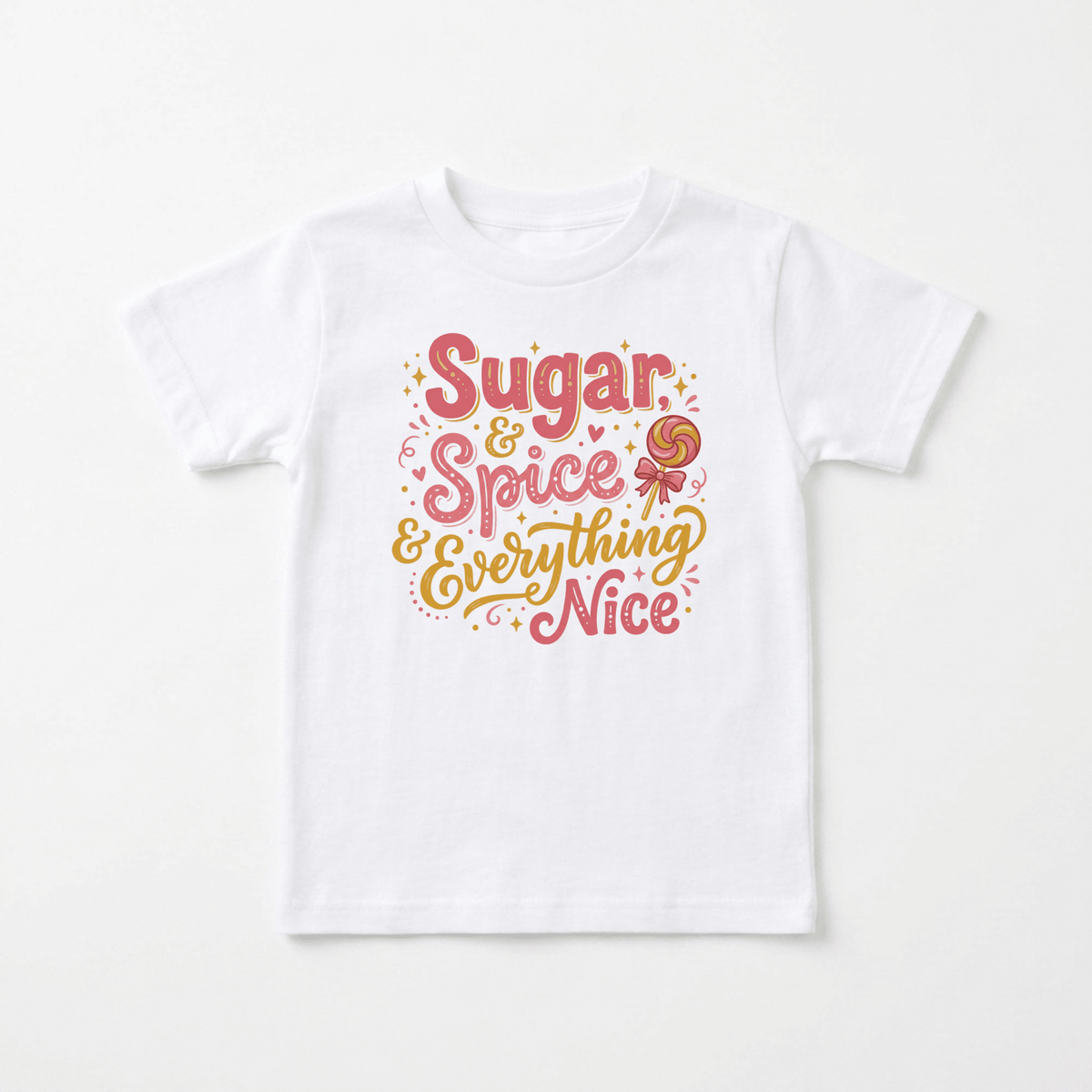 Dress your little one in the Sugar and Spice Toddler Girls Shirt – Lollipop Tee from Toodleroos, featuring cheerful pink and yellow “Sugar & Spice & Everything Nice” text surrounded by tiny stars, sparkles, and a whimsical pink and yellow lollipop illustration. This adorable Toodleroos tee is the perfect choice for cute kids shirts or stylish girls shirts.