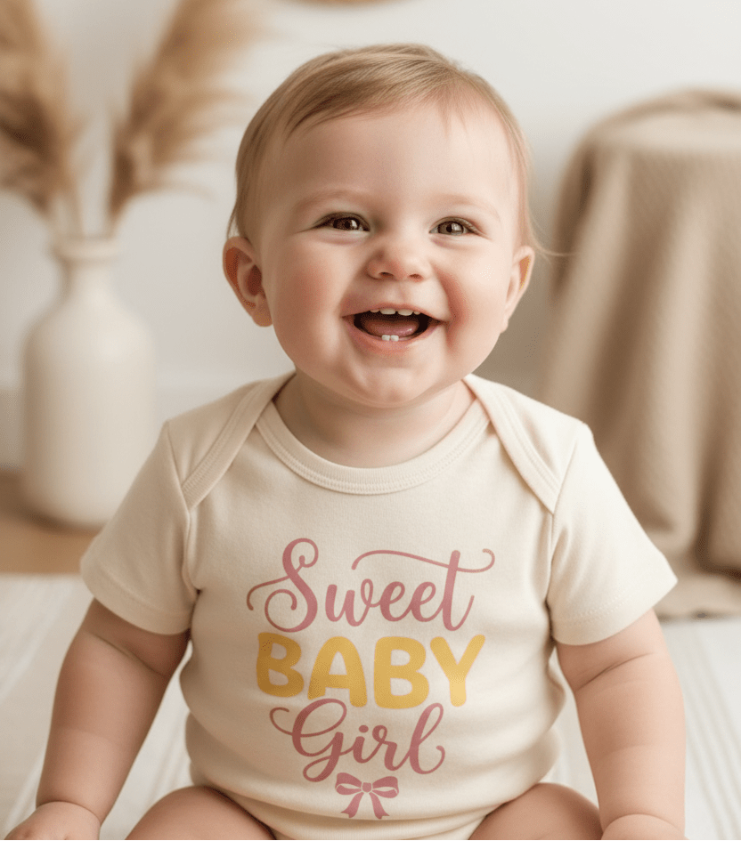 A smiling baby sits indoors amid neutral decor and pampas grass, wearing the Toodleroos Sweet Baby Girl Onesie – Cute Pink Bow Bodysuit—an adorable choice and a thoughtful gift for any baby shower.