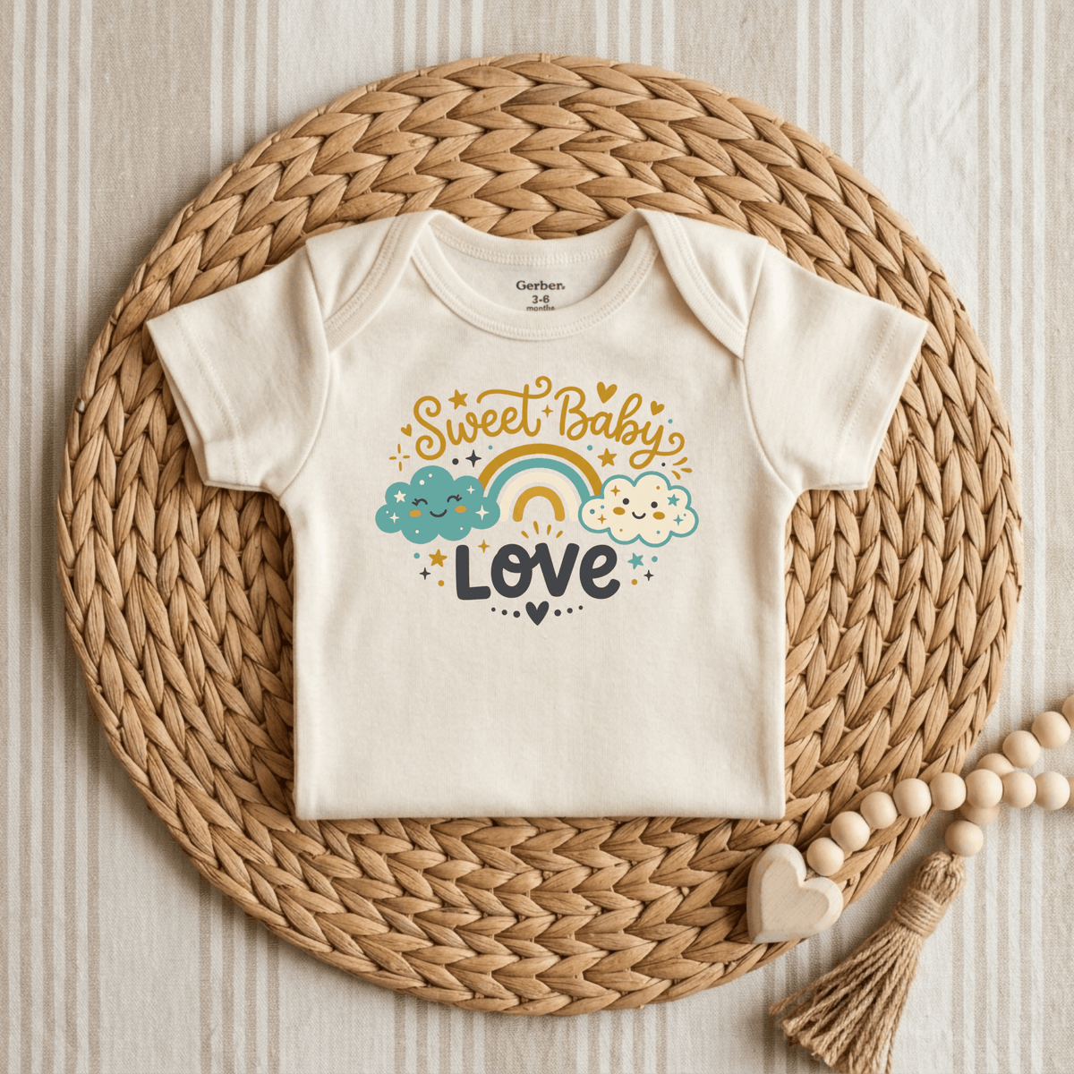 A cream-colored, gender-neutral Sweet Baby Love Onesie – Cute Rainbow Cloud Bodysuit by Toodleroos featuring “Sweet Baby Love” with colorful clouds, stars, and a rainbow, is displayed on a woven round mat accented with wooden beads and heart decorations atop a striped fabric background.
