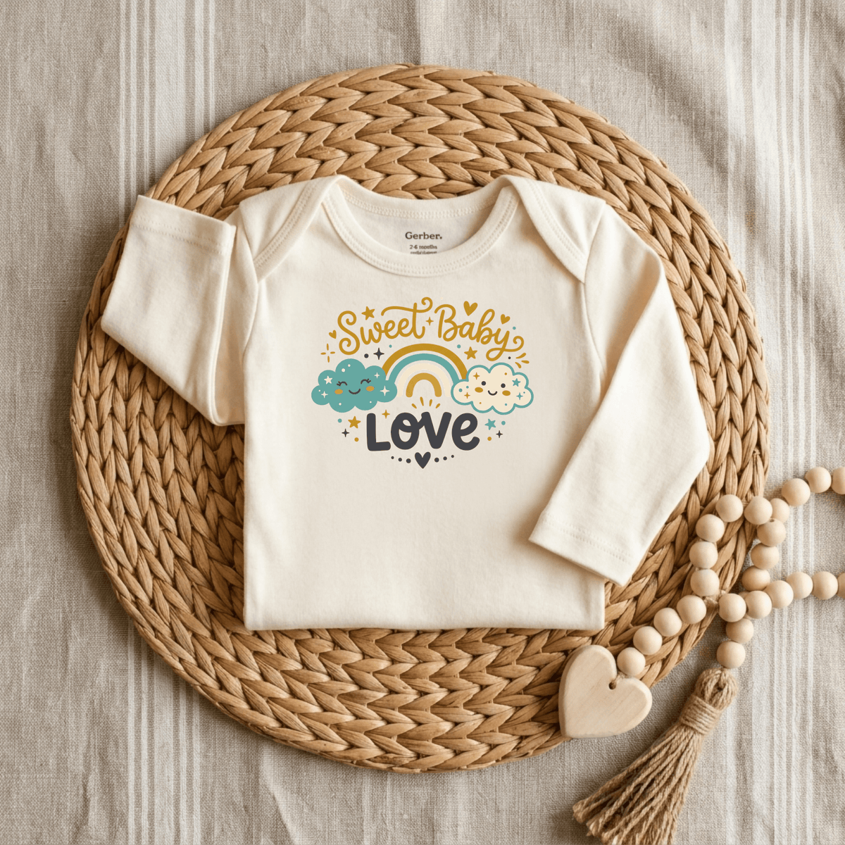 A cream Sweet Baby Love Onesie – Cute Rainbow Cloud Bodysuit by Toodleroos, adorned with colorful clouds, a rainbow, and stars, lies on a woven mat beside a beaded wooden heart toy, all set atop neutral striped fabric.