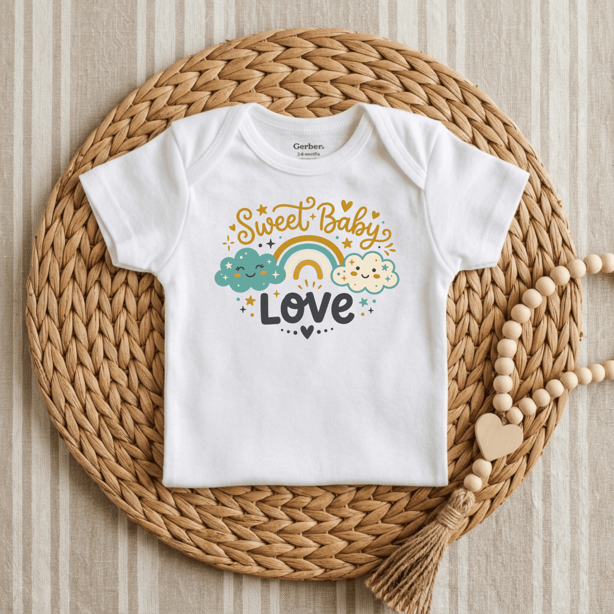 A Toodleroos Sweet Baby Love Onesie – Cute Rainbow Cloud Bodysuit in white is displayed on a woven placemat. It showcases a cheerful yellow rainbow graphic nestled between two smiling clouds, with “Sweet Baby” written in yellow and “LOVE” in dark gray, accented by stars and hearts. A wooden bead string lies nearby.