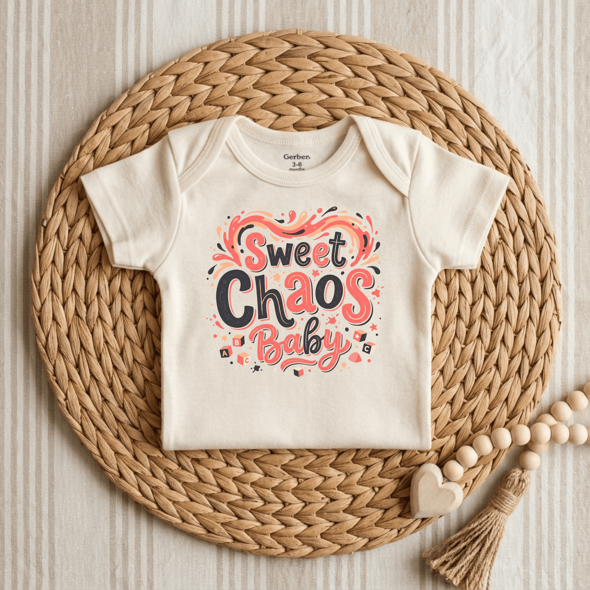 The Toodleroos Sweet Chaos Baby Onesie – Funny Long Sleeve Bodysuit, featuring colorful “Sweet Chaos Baby” text on a cream unisex style, is displayed on a round woven mat alongside a wooden beaded garland with a heart and tassel. The subtle striped light background adds to its charm, making this onesie an ideal gender-neutral baby gift.