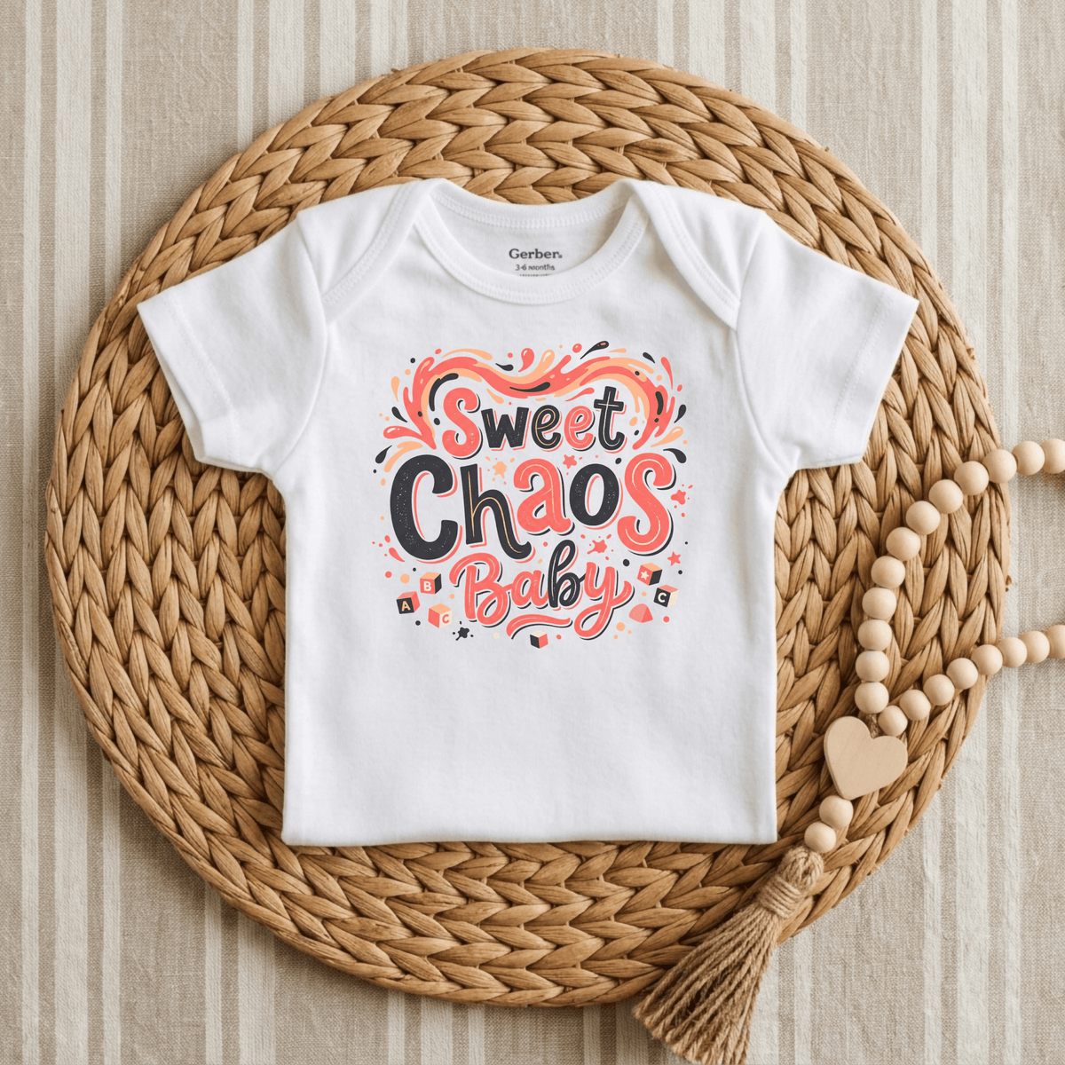 A white unisex Sweet Chaos Baby Onesie – Funny Long Sleeve Bodysuit by Toodleroos, featuring vibrant text that reads “Sweet Chaos Baby,” is displayed on a woven mat beside a beaded garland with a wooden heart, all set against a beige striped fabric background—making it the perfect gender-neutral gift for anyone seeking funny baby onesies.