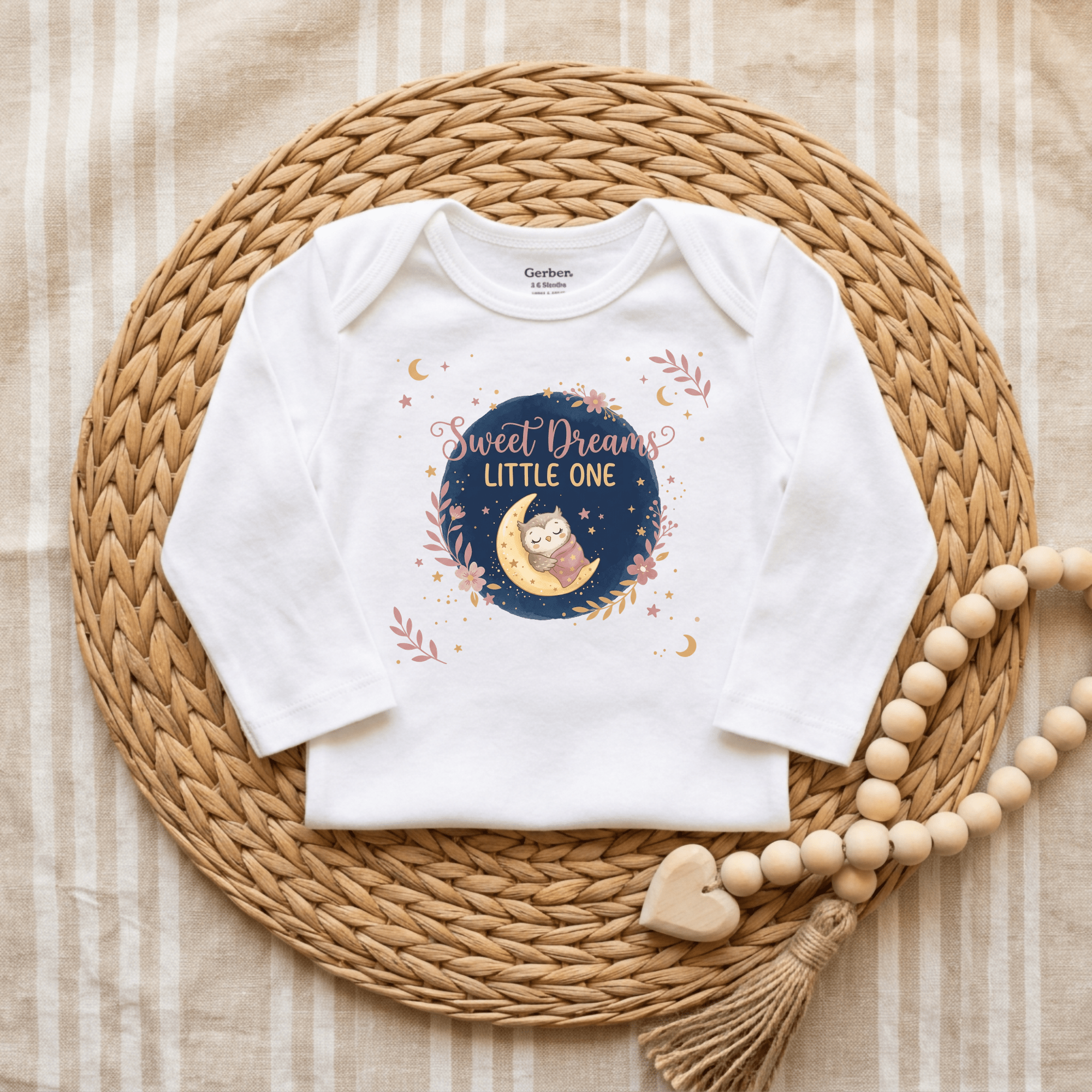 Sweet Dreams Little One onesie with owl and moon design in navy, blush, and gold