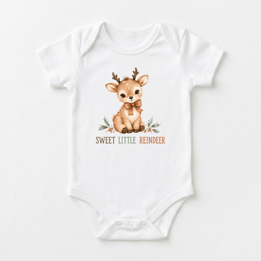 Dress your little one in holiday cheer with the Toodleroos Sweet Little Reindeer Christmas Baby Onesie. This white baby bodysuit features an adorable illustrated reindeer adorned with a bow, seated above festive holly leaves. The phrase “SWEET LITTLE REINDEER” is printed beneath, making it the perfect choice for baby’s first Christmas or as an endearing addition to any neutral holiday wardrobe.
