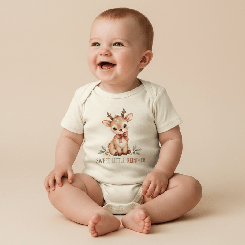 A smiling baby wears the Toodleroos Sweet Little Reindeer Christmas Baby Onesie, featuring an adorable reindeer illustration and the text “Sweet Little Reindeer,” while sitting on a beige background—perfect for baby’s first Christmas and a great choice for those looking for neutral Christmas baby clothes.