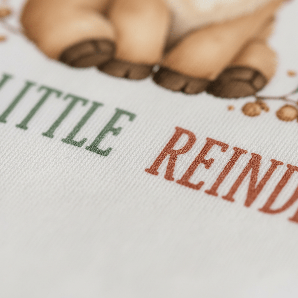 A close-up of the fabric shows “LITTLE REINDEER” printed in green and red letters, along with a partial cartoon animal featuring brown legs and hooves at the top—perfect for celebrating baby’s first Christmas. The Toodleroos Sweet Little Reindeer Christmas Baby Onesie makes an adorable addition to any neutral Christmas baby clothes collection.