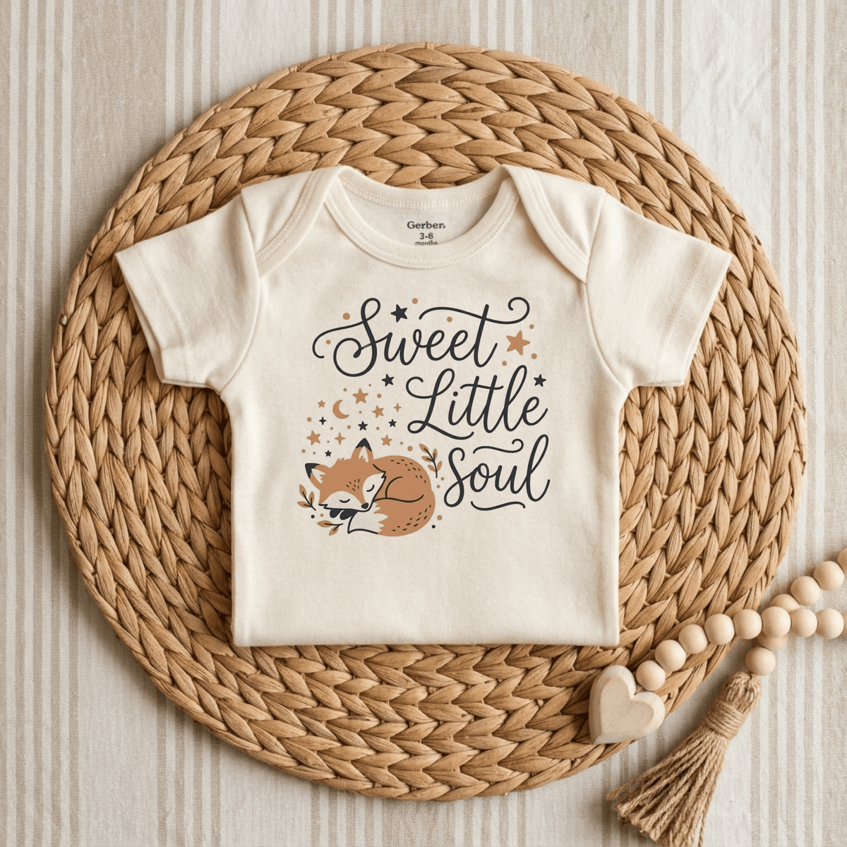 Dress your little one in the Sweet Little Soul Onesie – Cute Sleeping Fox Bodysuit from Toodleroos. This charming cream woodland bodysuit features “Sweet Little Soul” and an adorable sleeping fox nestled among stars, styled here on a round woven mat with a wooden beaded garland and heart nearby. The perfect gender-neutral choice for cozy moments!.