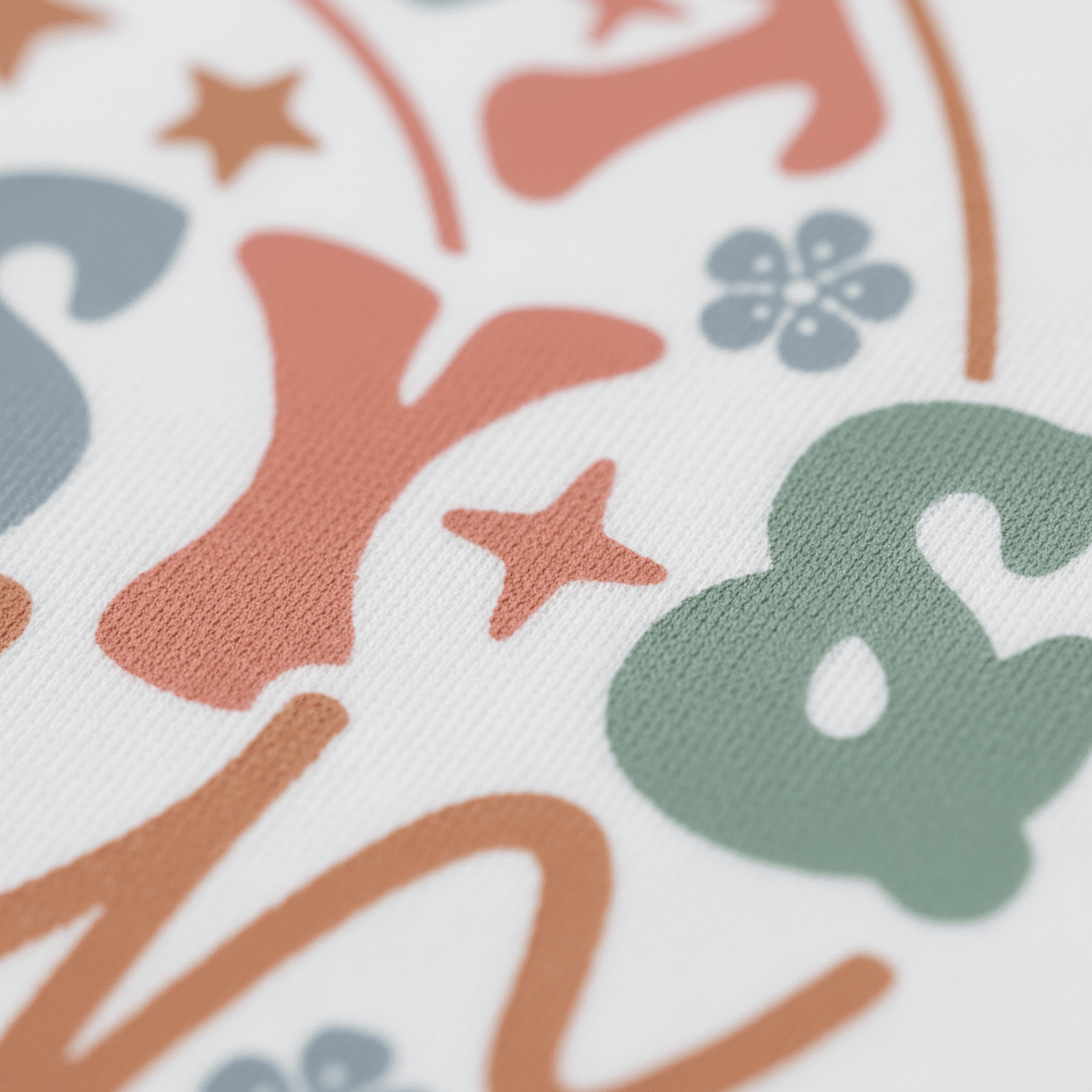 Close-up of textured fabric from the Toodleroos Sweet Sassy & Seven Kids Shirt – Retro 7th Birthday Tee, printed with colorful letters, stars, and flower shapes in orange, green, and blue on a white background—perfect for a playful pastel rainbow look or retro kids’ style.