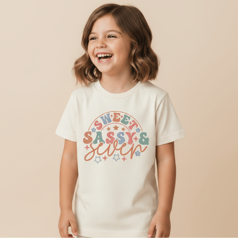 A smiling young girl with short brown hair wears the Toodleroos “Sweet Sassy & Seven Kids Shirt – Retro 7th Birthday Tee,” featuring pastel rainbow colors, colorful “Sweet, Sassy & Seven” lettering with stars and a rainbow design on the front. The background is a soft beige color.