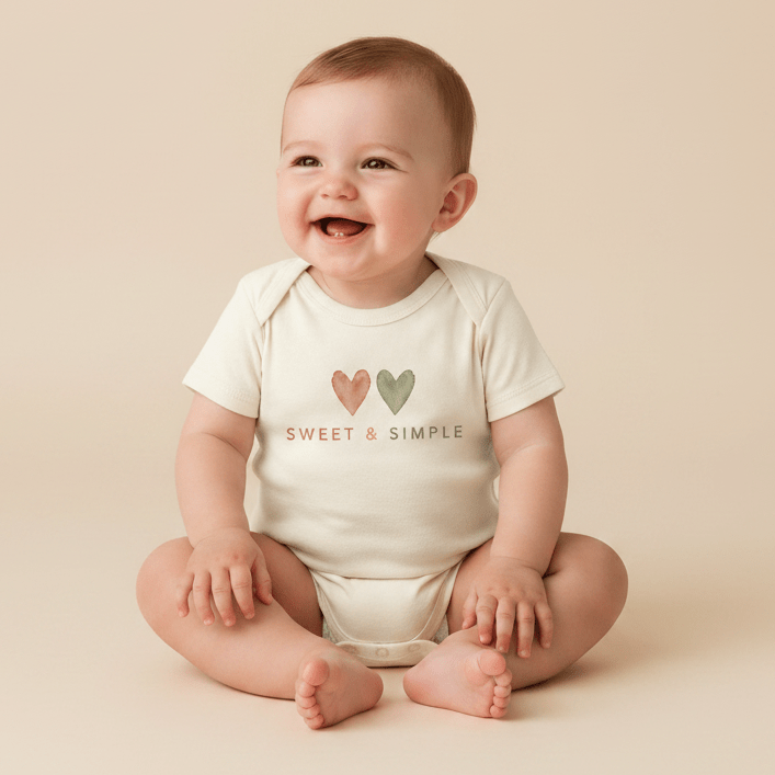 A smiling baby sits on a beige floor, wearing the Toodleroos Gender-Neutral Baby Onesie – Sweet & Simple Short-Sleeve Heart Bodysuit. Featuring two hearts and the phrase “SWEET & SIMPLE” on the front, this soft-toned neutral baby clothing makes an ideal baby shower gift. The solid beige background highlights its charming design.