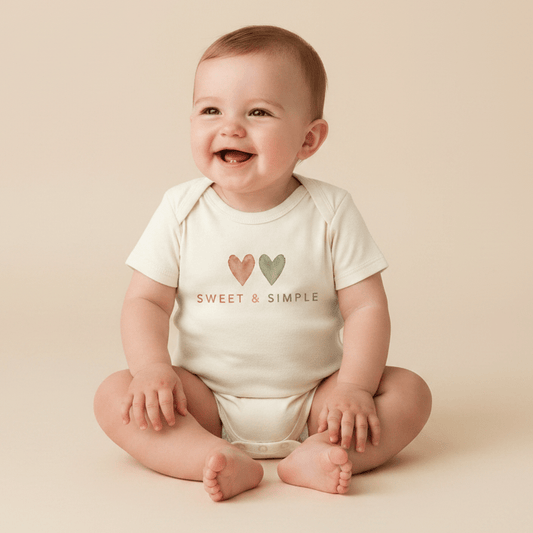 A smiling baby sits on a beige floor, wearing the Toodleroos Gender-Neutral Baby Onesie – Sweet & Simple Short-Sleeve Heart Bodysuit. Featuring two hearts and the phrase “SWEET & SIMPLE” on the front, this soft-toned neutral baby clothing makes an ideal baby shower gift. The solid beige background highlights its charming design.