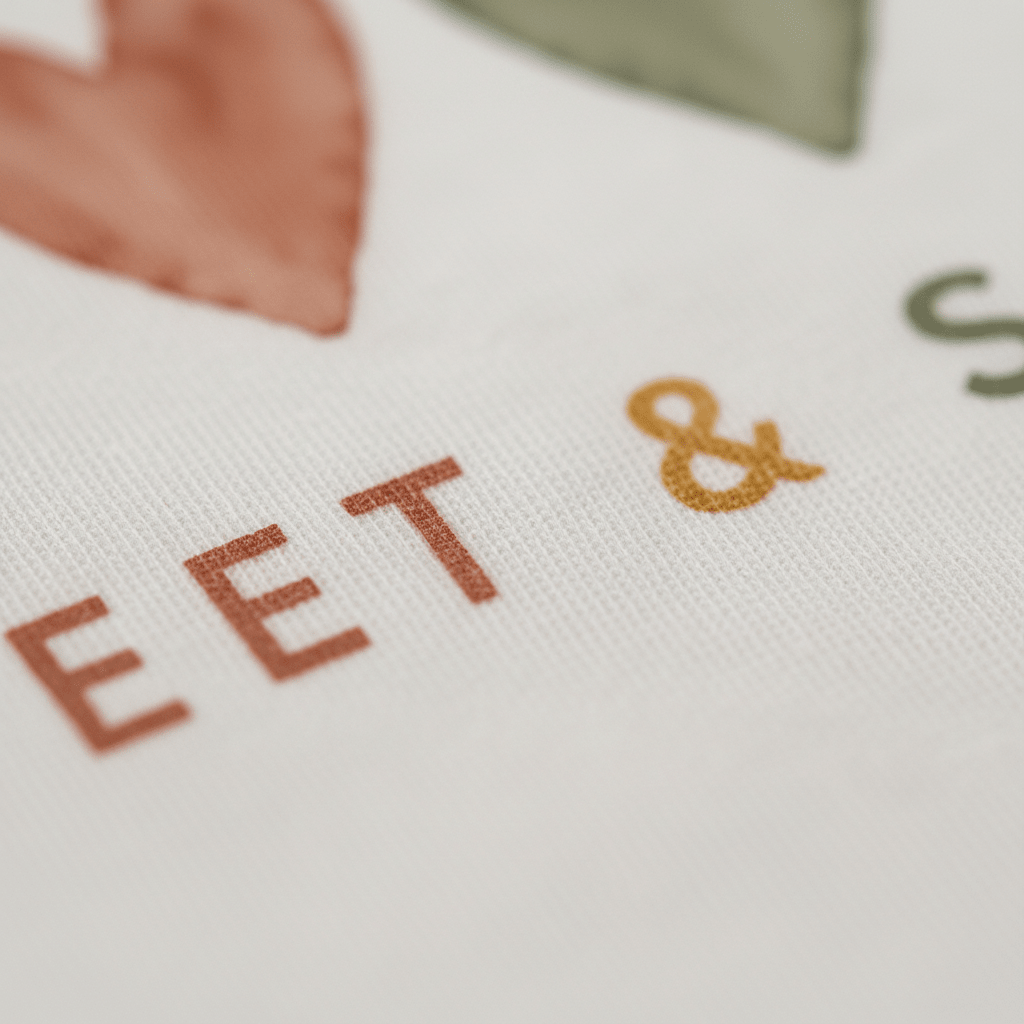 A close-up of the textured white fabric from the Toodleroos Gender-Neutral Baby Onesie – Sweet & Simple Short-Sleeve Heart Bodysuit, showcasing printed “SWEET & SIMPLE” text in red, yellow, and green next to a partial red heart and green shape—an ideal choice for a unique baby shower gift or those searching for neutral baby clothing.