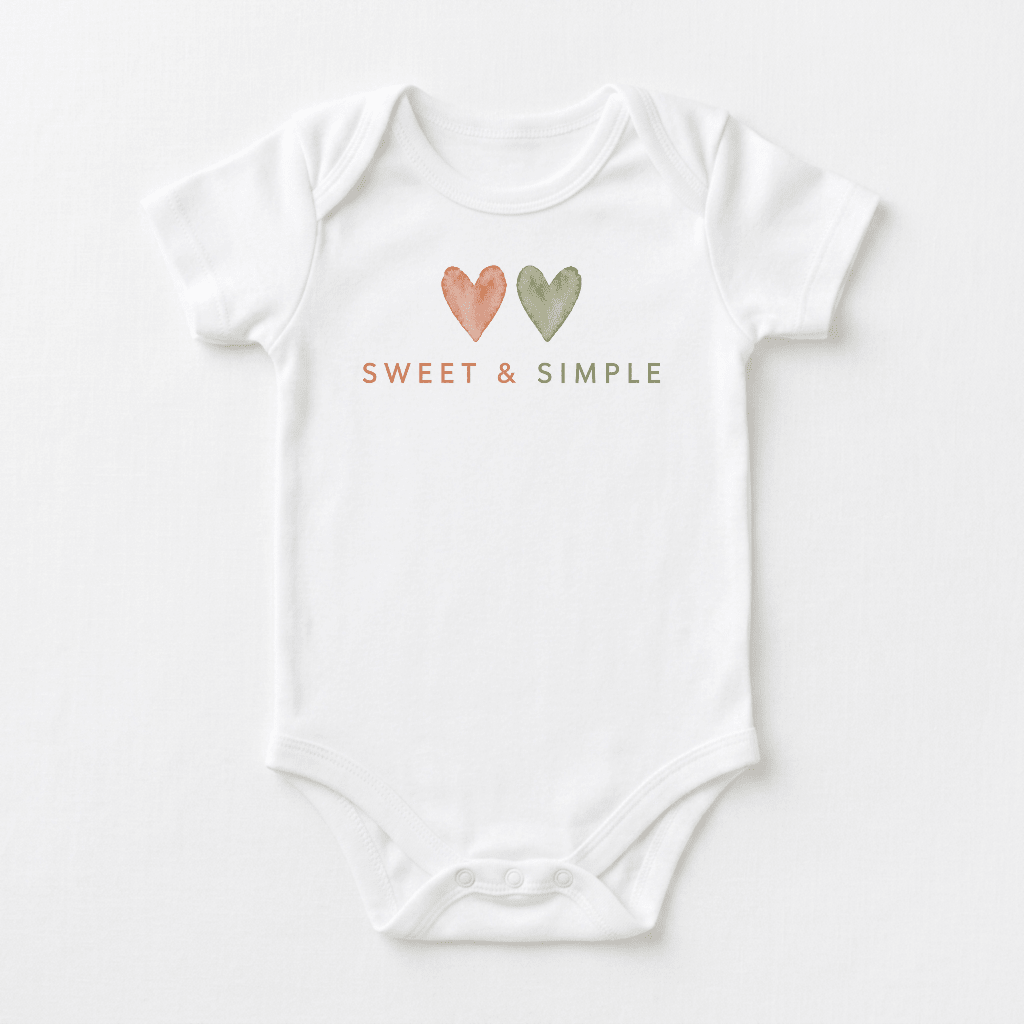 Introducing the Toodleroos Gender-Neutral Baby Onesie – Sweet & Simple Short-Sleeve Heart Bodysuit, featuring a plain white background adorned with soft, watercolor-style pink and green hearts above the phrase “SWEET & SIMPLE” in coordinating colors. This charming and thoughtful baby onesie makes a perfect baby shower gift.