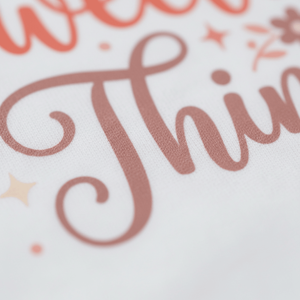 Close-up of cursive text in shades of pink and peach printed on white fabric, accented with tiny stars and flowers—an adorable detail from the Sweetest Thing Toddler Girls Shirt (Floral Lollipop Tee) by Toodleroos. Only part of the wording is visible.