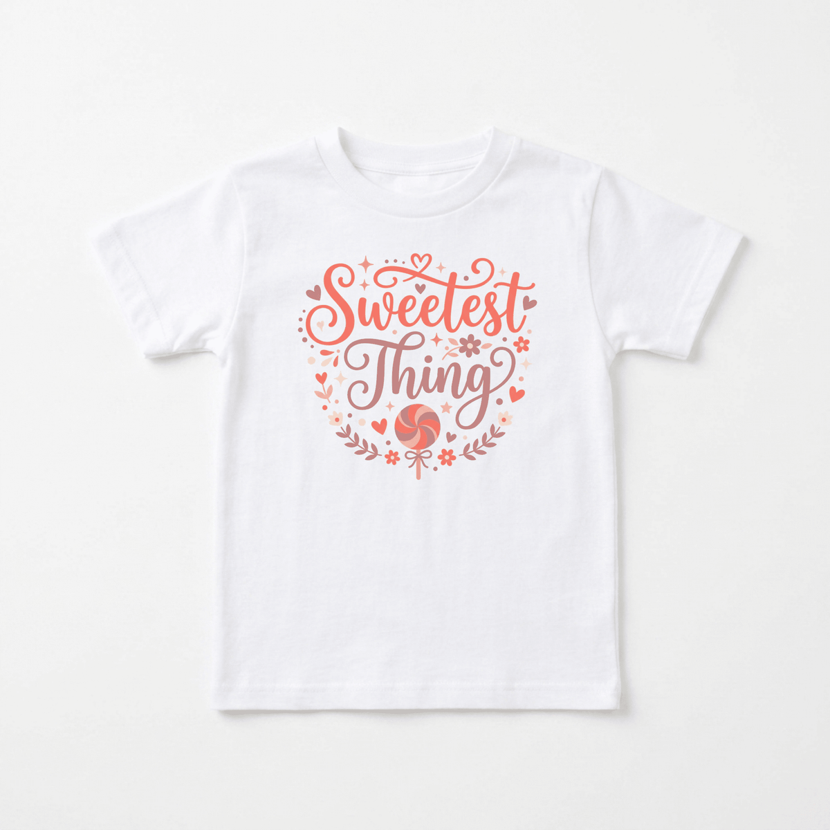 The Toodleroos Sweetest Thing Toddler Girls Shirt – Floral Lollipop Tee features a pink and red heart-shaped design with the phrase “Sweetest Thing,” surrounded by hearts, flowers, stars, and decorative swirls—perfect for anyone seeking cute kids shirts or a standout toddler girls shirt.