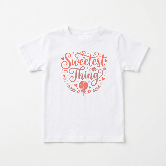 The Toodleroos Sweetest Thing Toddler Girls Shirt – Floral Lollipop Tee features a pink and red heart-shaped design with the phrase “Sweetest Thing,” surrounded by hearts, flowers, stars, and decorative swirls—perfect for anyone seeking cute kids shirts or a standout toddler girls shirt.