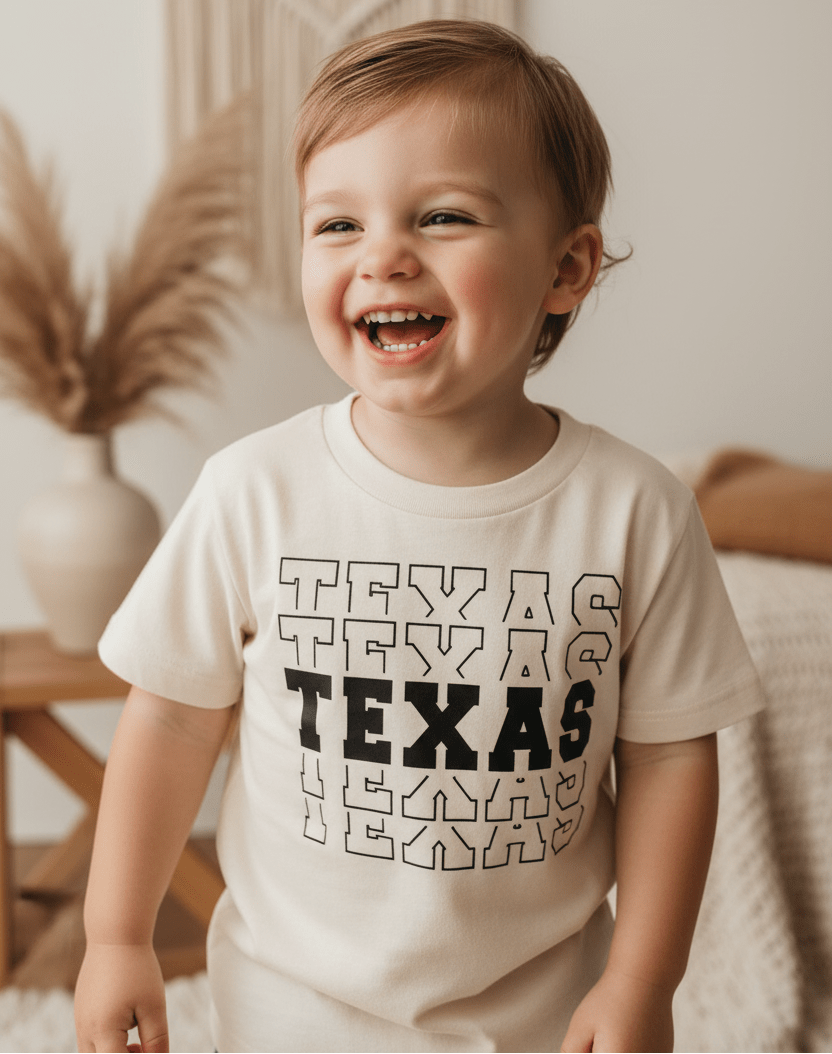 A smiling young child wears the Toodleroos Texas Varsity Kids Shirt – State Pride Tee, featuring bold, repeated “TEXAS” lettering. They stand indoors amid neutral decor and pampas grass—an ideal way for little ones to show off their hometown pride.