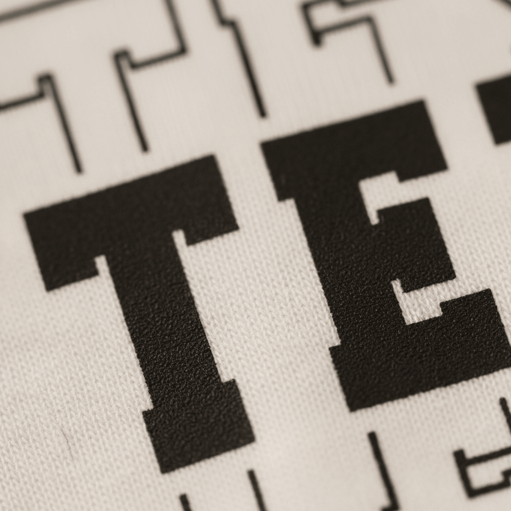 Close-up of a black capital letter T printed on white fabric, with part of another letter and bold black lines in the background—perfect detail from the Texas Varsity Kids Shirt – State Pride Tee by Toodleroos, an ideal choice for showing off hometown pride.