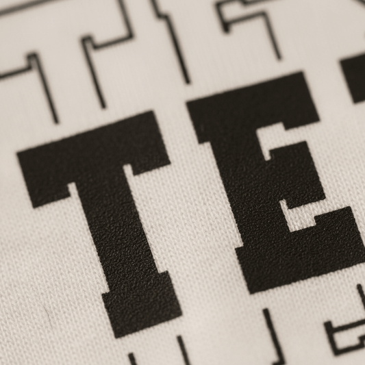 Close-up of a black capital letter T printed on white fabric, with part of another letter and bold black lines in the background—perfect detail from the Texas Varsity Kids Shirt – State Pride Tee by Toodleroos, an ideal choice for showing off hometown pride.
