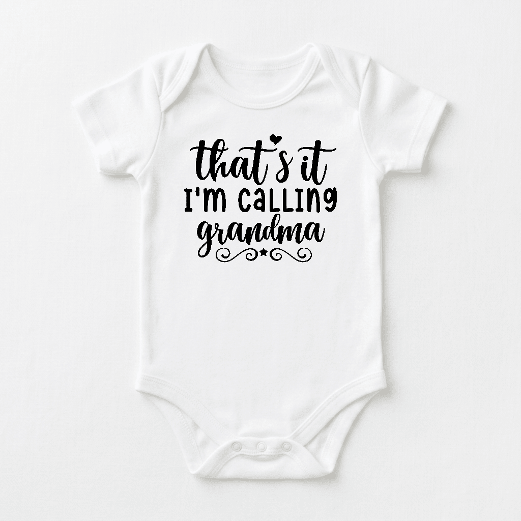 Dress your little one in the Toodleroos “That’s It I’m Calling Grandma Baby Onesie – Funny Bodysuit,” featuring playful black script and making an adorable coming-home outfit or a sweet grandma-themed baby shower gift.