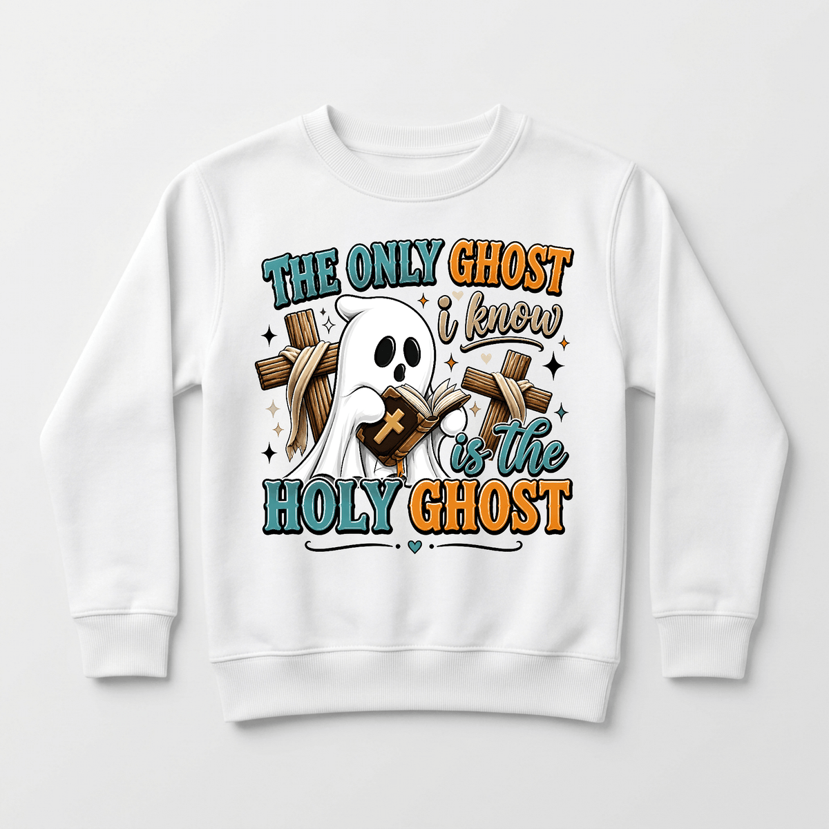 The Toodleroos “The Only Ghost I Know Kids Sweatshirt – Holy Ghost Halloween Pullover” is a white kids sweatshirt that showcases a playful cartoon ghost holding a Bible and cross. Colorful, bold lettering spells out “The only ghost I know is the Holy Ghost,” with wooden crosses and stars adding whimsical details—making this faith-inspired Halloween shirt the perfect choice for Christian kids.