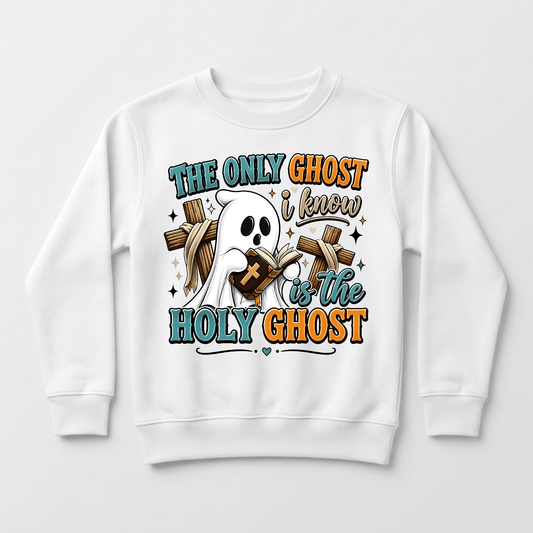The Toodleroos “The Only Ghost I Know Kids Sweatshirt – Holy Ghost Halloween Pullover” is a white kids sweatshirt that showcases a playful cartoon ghost holding a Bible and cross. Colorful, bold lettering spells out “The only ghost I know is the Holy Ghost,” with wooden crosses and stars adding whimsical details—making this faith-inspired Halloween shirt the perfect choice for Christian kids.