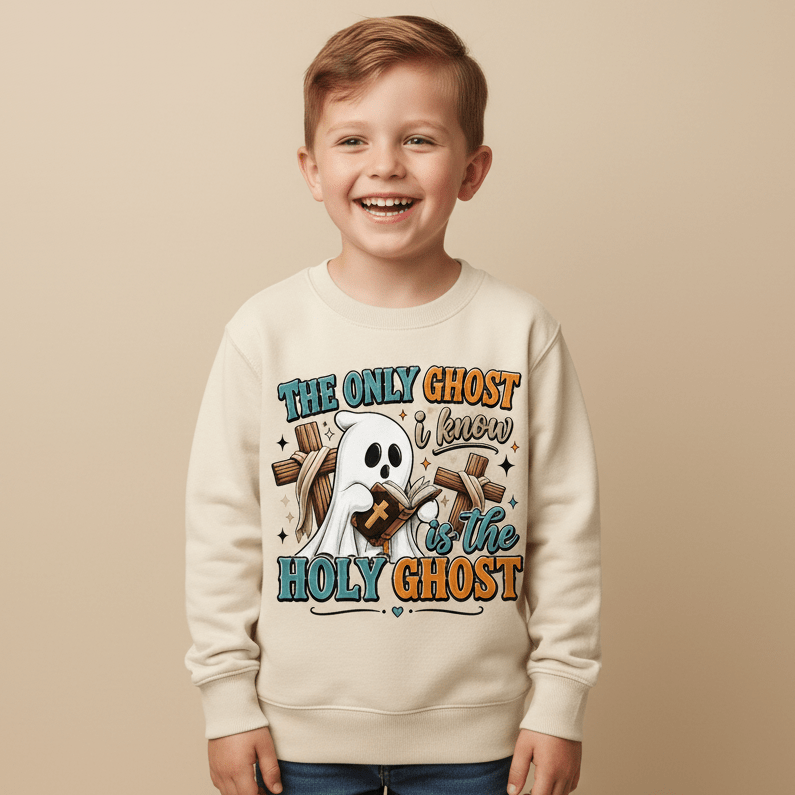 A smiling young boy wears the Toodleroos “The Only Ghost I Know Kids Sweatshirt – Holy Ghost Halloween Pullover,” featuring a cream color, a cartoon ghost holding a cross, and colorful lettering that reads “The only ghost I know is the Holy Ghost.” This faith-inspired Halloween sweatshirt for kids stands out against a neutral background.