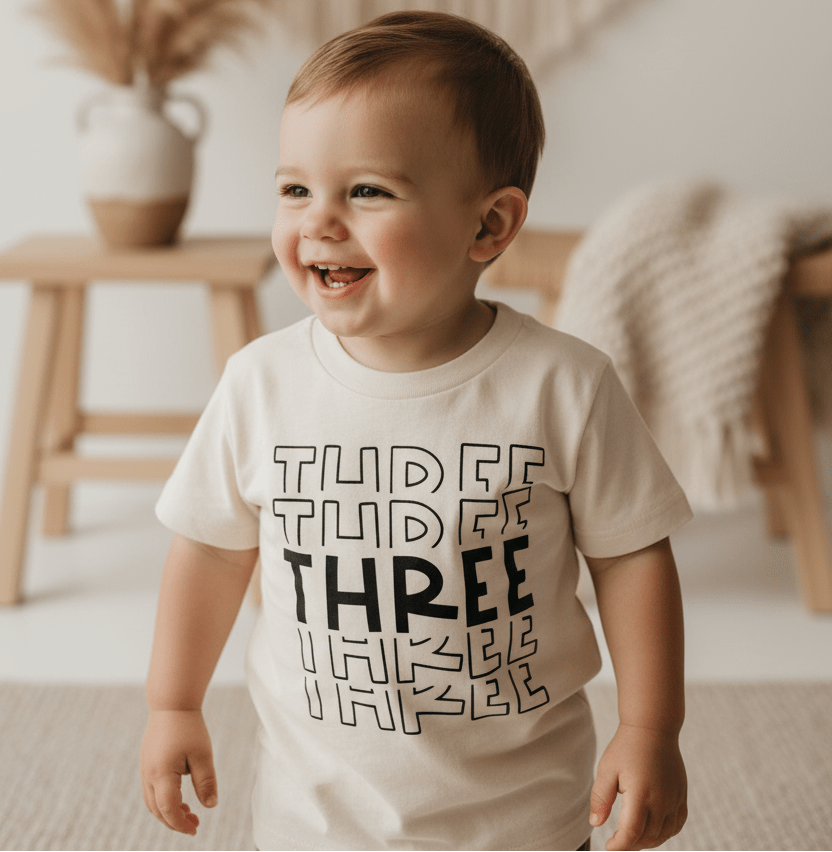 A cheerful toddler wears the Toodleroos Three Birthday Toddler Shirt – 3rd Birthday Tee: a white T-shirt featuring the word THREE printed three times in bold and outline text. With its neutral indoor setting, this tee makes an ideal gender-neutral birthday shirt or a playful choice for celebrating your little one’s third birthday.