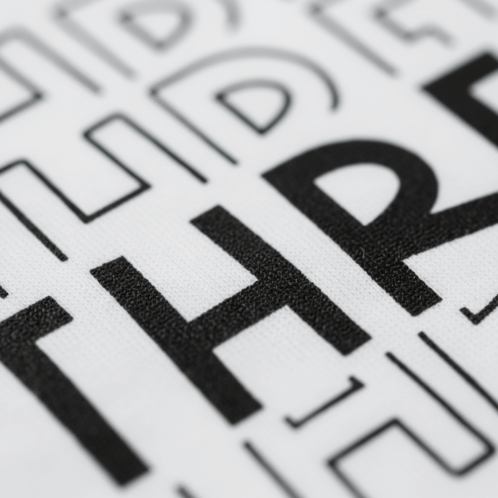 A close-up of bold black text spelling “THRE” on a white textured background, surrounded by abstract black line shapes and letters—an ideal inspiration for the Toodleroos Three Birthday Toddler Shirt – 3rd Birthday Tee, perfect for a gender-neutral birthday look.