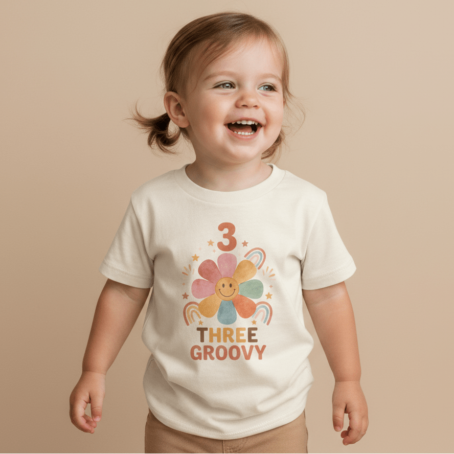 A happy toddler with brown pigtails sports the Toodleroos 3rd Birthday Toddler Shirt – Three Groovy Retro Flower Tee, a white t-shirt adorned with a colorful flower, rainbows, stars, and “3 THREE GROOVY” on a beige background—perfect as a retro-inspired flower tee or fun third birthday outfit.