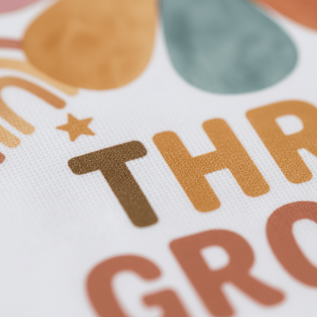 Close-up of fabric from the Toodleroos 3rd Birthday Toddler Shirt—Three Groovy Retro Flower Tee—featuring colorful, abstract shapes and partially visible bold, textured “THR GRO” letters; ideal for a stylish birthday outfit or retro flower theme.