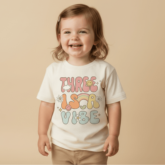 A cheerful toddler wearing the Toodleroos Three Is a Vibe Toddler Shirt – Retro 3rd Birthday Tee, featuring vibrant, playful “Three is a vibe” text with smiling faces, flowers, and stars, stands against a beige background—making this retro kids shirt the perfect stylish pick for celebrating your little one’s third birthday.