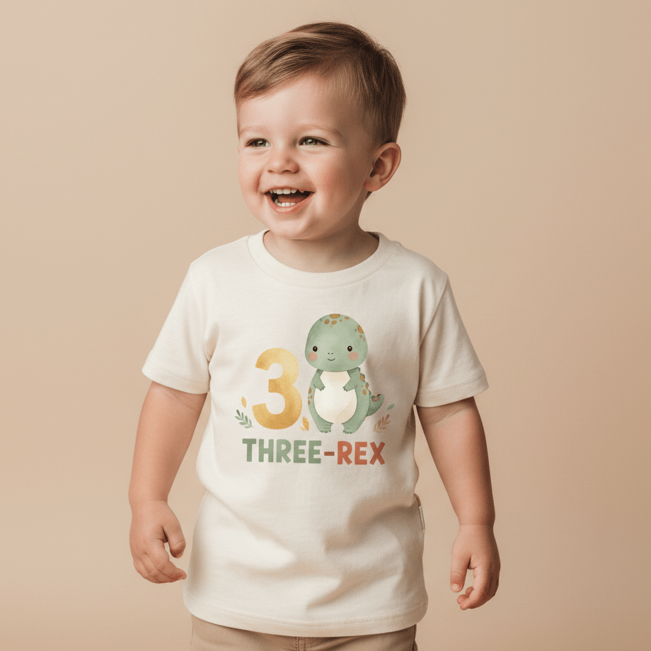 A smiling young child wears the Toodleroos 3rd Birthday Dinosaur Toddler Shirt – a “Three-Rex” short-sleeve tee featuring an adorable dinosaur graphic, making it the perfect dinosaur birthday outfit for your little one’s special day against a plain beige background.