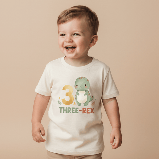 A smiling young child wears the Toodleroos 3rd Birthday Dinosaur Toddler Shirt – a “Three-Rex” short-sleeve tee featuring an adorable dinosaur graphic, making it the perfect dinosaur birthday outfit for your little one’s special day against a plain beige background.