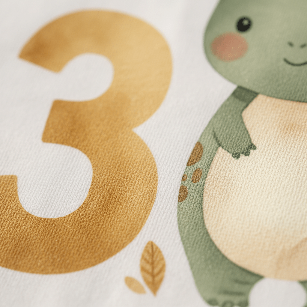 Celebrate your little one’s special day with the Toodleroos 3rd Birthday Dinosaur Toddler Shirt – Three-Rex Short-Sleeve Tee! This adorable shirt features a large orange number 3 and a friendly green cartoon dinosaur with a cream belly, both printed on white fabric. A small orange leaf accents the design beneath the number, and the partially visible, smiling dino adds extra charm—making it the perfect choice for a fun Three-Rex third birthday celebration.