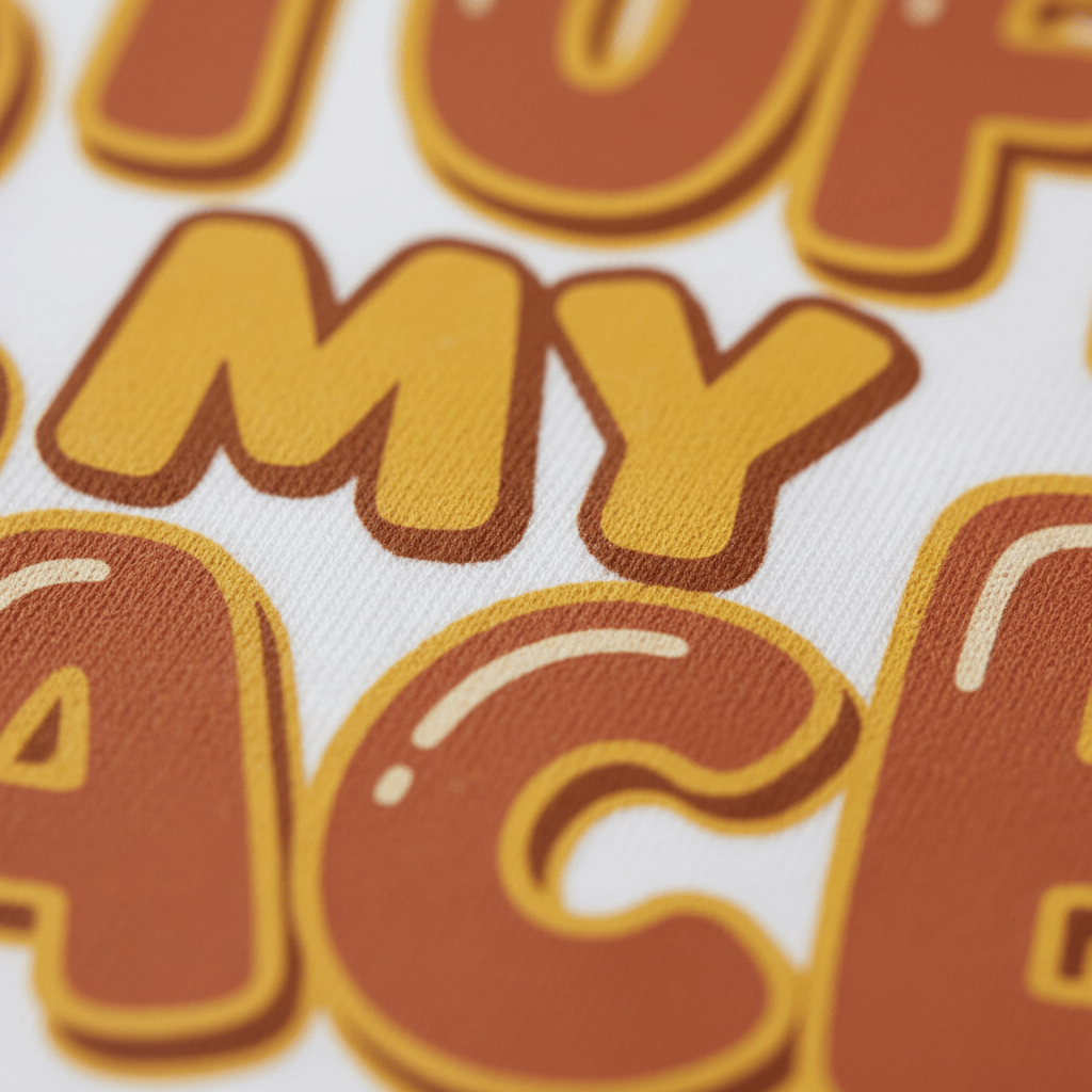 A close-up of vibrant, cartoon-style orange and yellow letters with a brown outline spelling part of “Time to Stuff My Face” on textured white fabric. This eye-catching design from Toodleroos is perfect for a funny Thanksgiving toddler shirt or Turkey Day tee, making it a standout choice in holiday kids’ clothing.