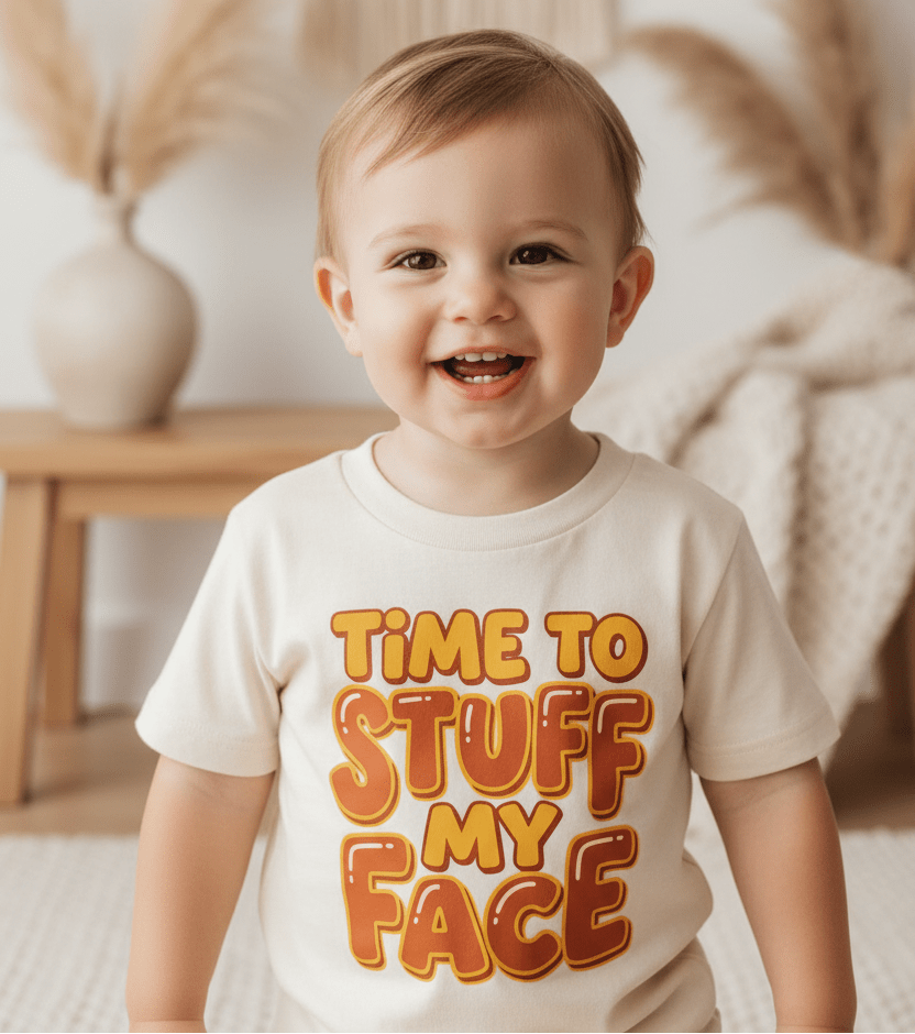 A smiling toddler wears the Toodleroos “Time to Stuff My Face Thanksgiving Toddler Shirt”—a funny Turkey Day tee in a cream color, featuring bold, playful lettering—standing indoors surrounded by neutral decor and dried plants, perfect for holiday kids clothing.