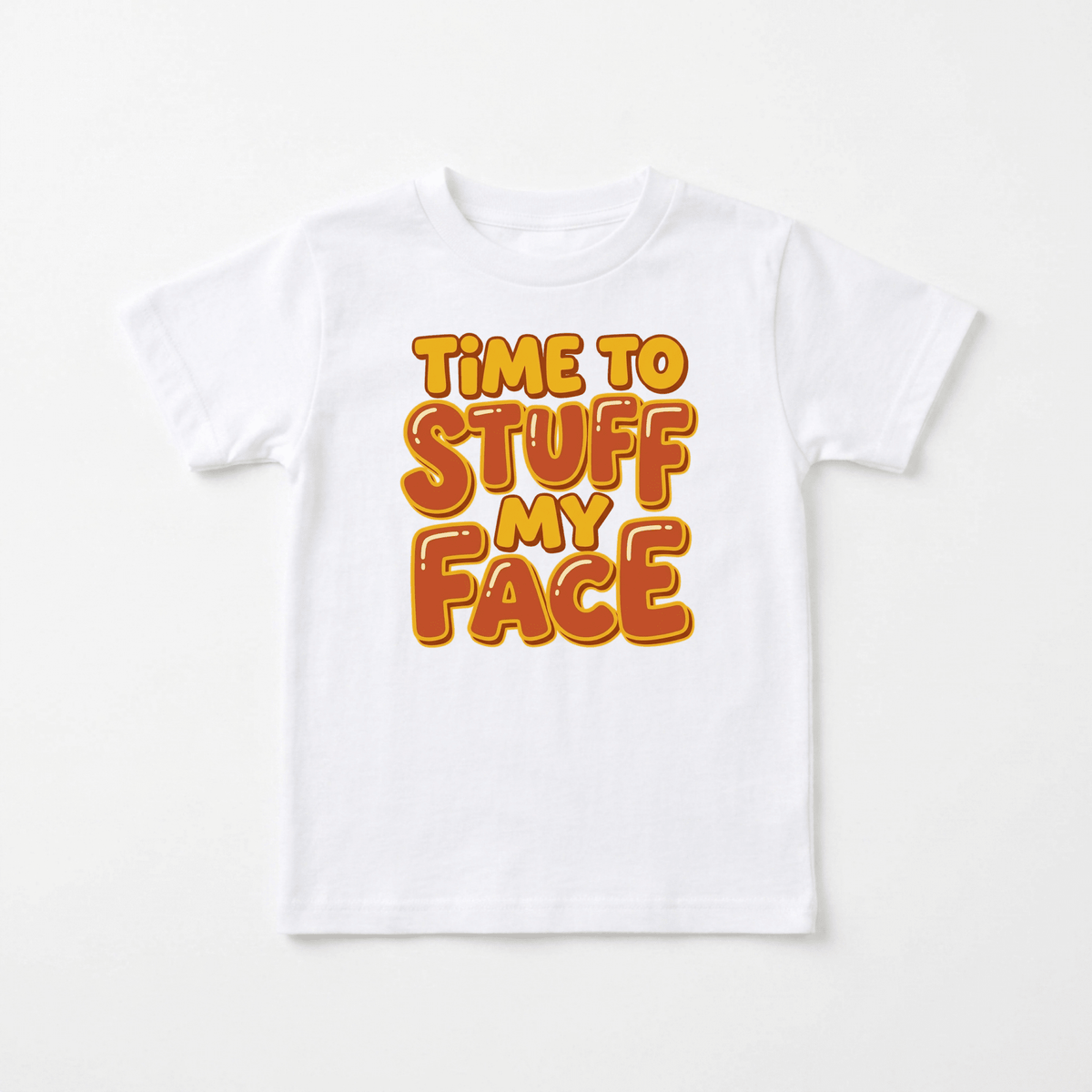 Dress your little one in the Toodleroos Time to Stuff My Face Thanksgiving Toddler Shirt – a funny Turkey Day tee featuring bold orange and yellow bubble letters reading “Time to STUFF MY FACE” centered on the front. This playful, white toddler shirt is perfect for Thanksgiving celebrations, making it an ideal choice for festive holiday kids’ clothing!.