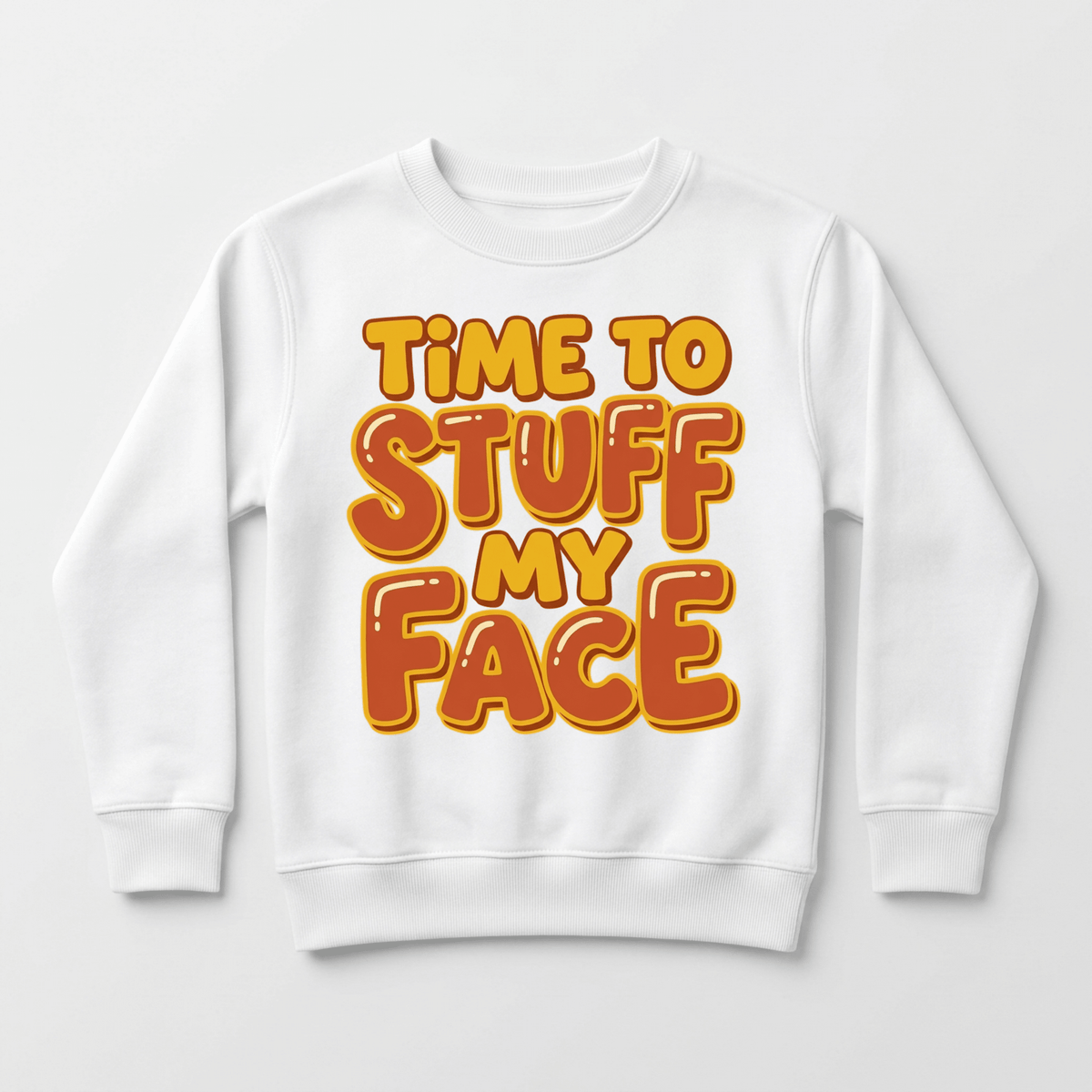 Dress your little one in the Toodleroos Time to Stuff My Face Thanksgiving Toddler Sweatshirt – a cozy white pullover featuring bold, playful orange and yellow text that reads “TIME TO STUFF MY FACE” centered on the front. This funny Turkey Day sweatshirt is perfect for kids to wear during Thanksgiving celebrations or as a cheerful holiday favorite.