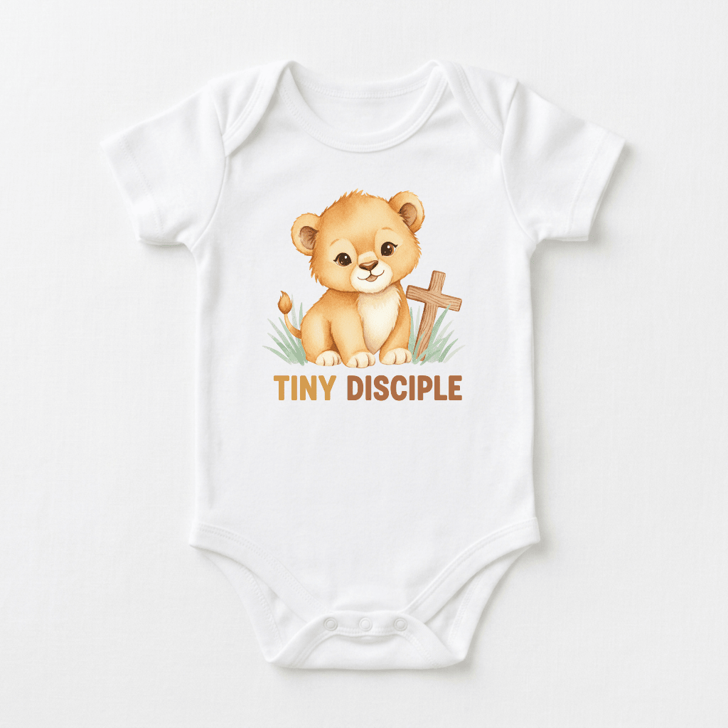 The Toodleroos Tiny Disciple Baby Onesie – Christian Lion Design features a charming white lion cub sitting beside a wooden cross, with “TINY DISCIPLE” printed in brown letters underneath—making it the perfect Christian baby onesie and a meaningful baptism gift.