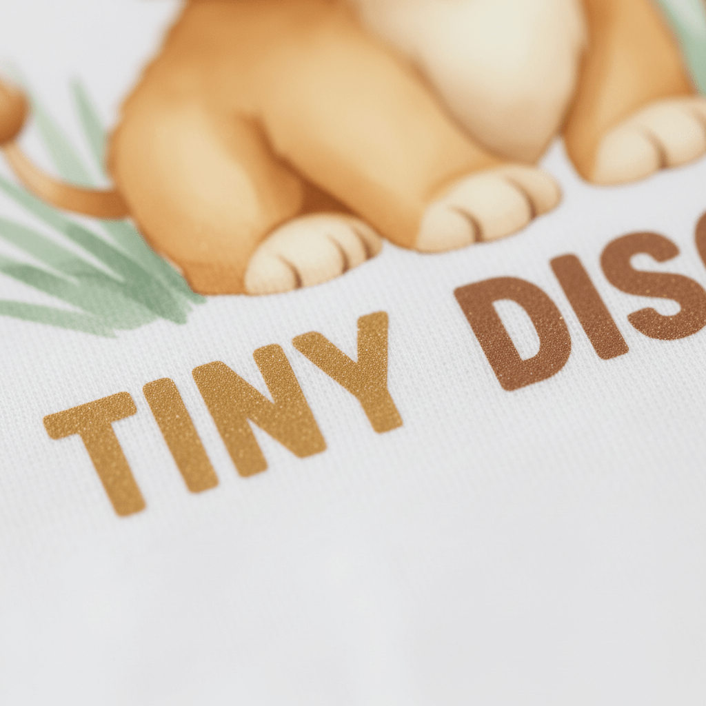 Illustration of a lion cub resting on grass beside bold text reading TINY DISCIPLE on a white background, featured on the Tiny Disciple Baby Onesie – Christian Lion Design by Toodleroos, perfect for a playful and adorable Christian baby onesie or a unique baptism gift.