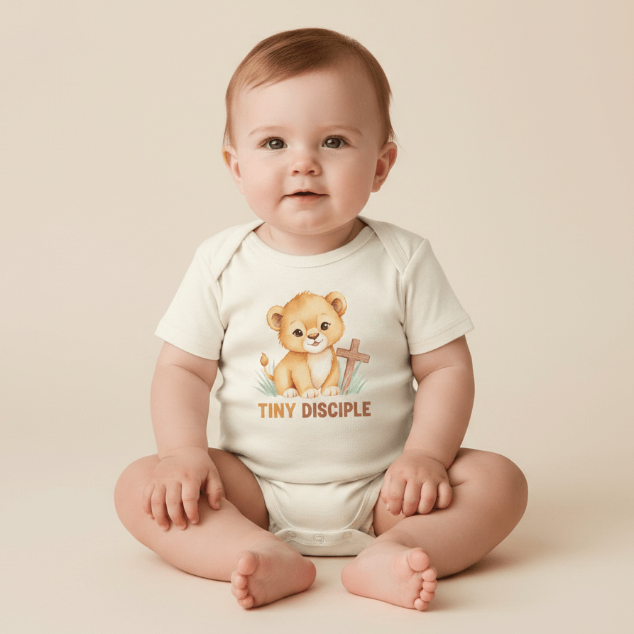 A smiling baby sits on a pale surface, dressed in the Toodleroos Tiny Disciple Baby Onesie – Christian Lion Design, featuring an illustration of a cute lion, a cross, and the words “Tiny Disciple” on the front. This adorable outfit is the perfect baptism gift for little ones.