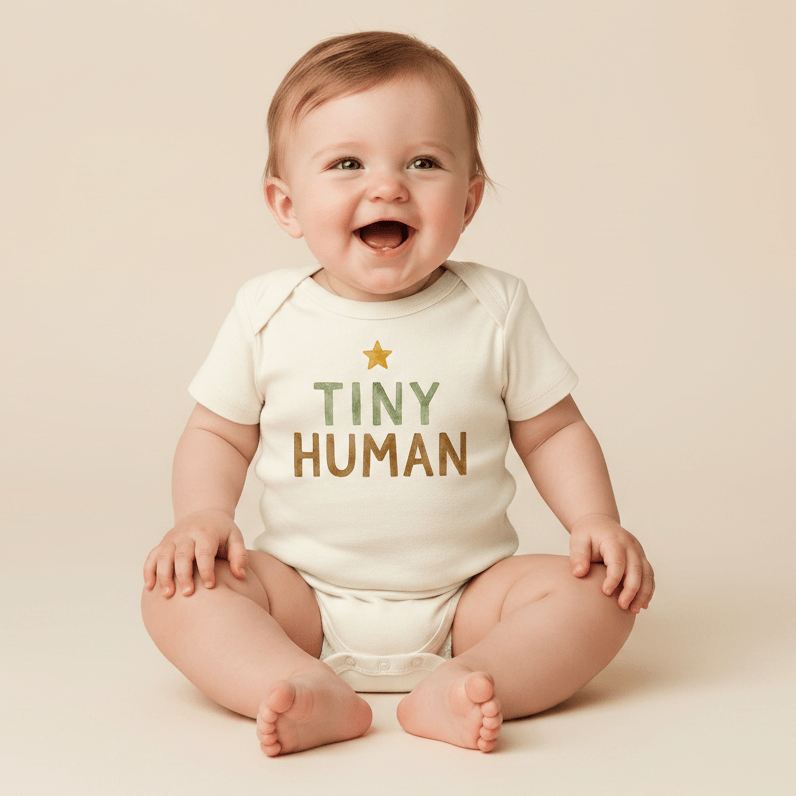 A smiling baby sits on the floor wearing the Toodleroos Gender-Neutral Baby Onesie – Tiny Human Short-Sleeve Graphic Bodysuit, a white minimalist onesie featuring “Tiny Human” in green and brown letters with a yellow star above the text. The background is a soft beige color.
