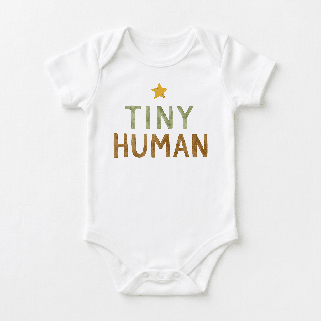 The Toodleroos Gender-Neutral Baby Onesie – Tiny Human Short-Sleeve Graphic Bodysuit showcases a simple design with a yellow star above the phrase “TINY HUMAN” in green and brown letters. Displayed flat on a white background, this minimalist bodysuit is ideal for parents looking for neutral baby clothing options.