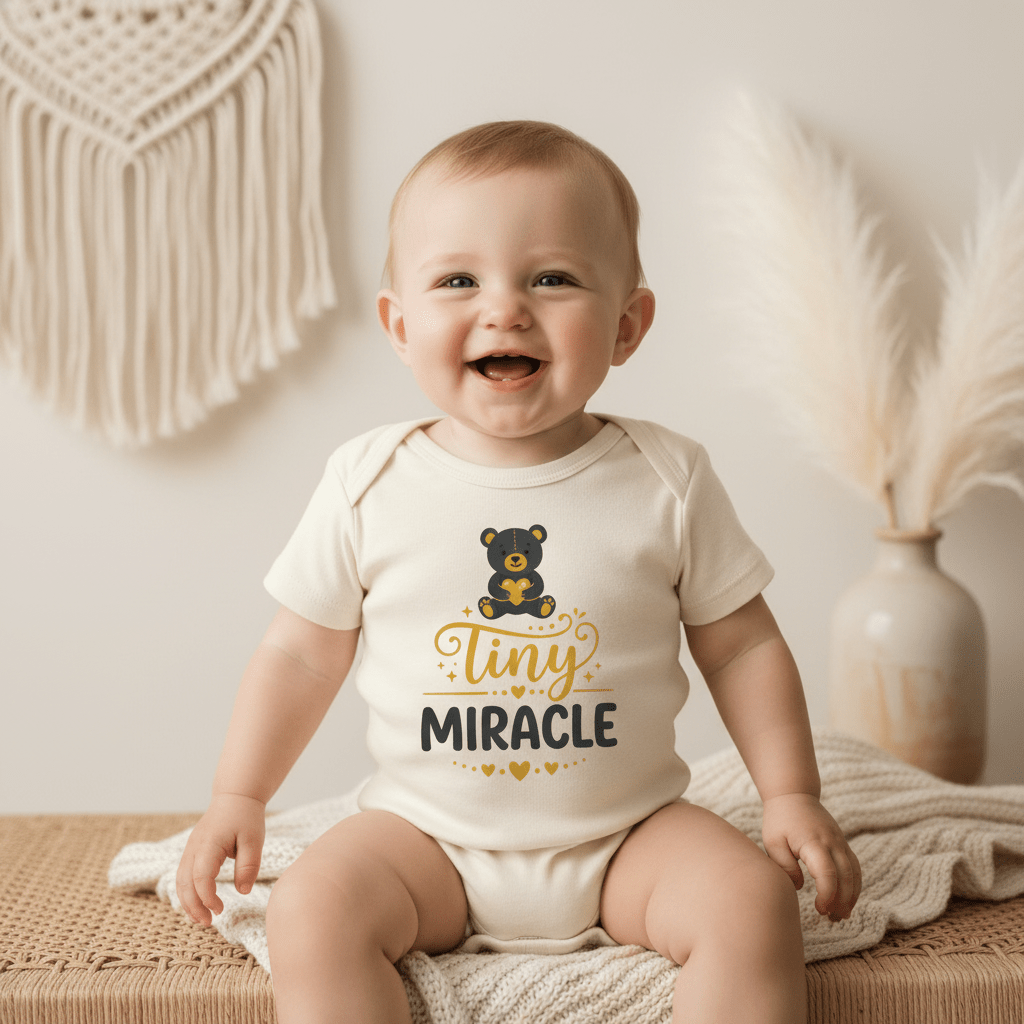 A smiling baby in a cream Tiny Miracle Onesie – Cute Baby Teddy Bear Bodysuit by Toodleroos sits on a wicker bench, surrounded by neutral decor and pampas grass—the perfect adorable outfit to celebrate your NICU graduate.